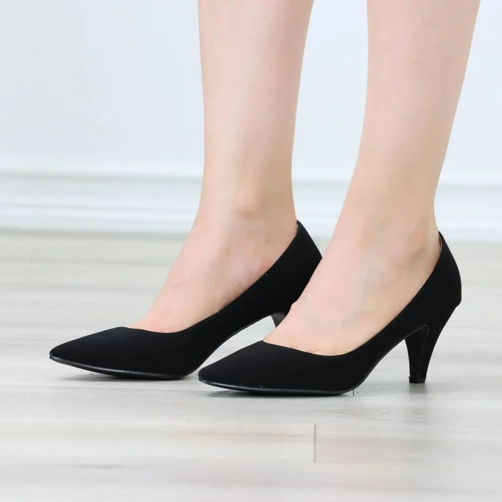 Kitten Low Heel Shoes Rockabilly Vintage Style Pointed Toe Pumps Black Nubuck - Picture 12 of 12